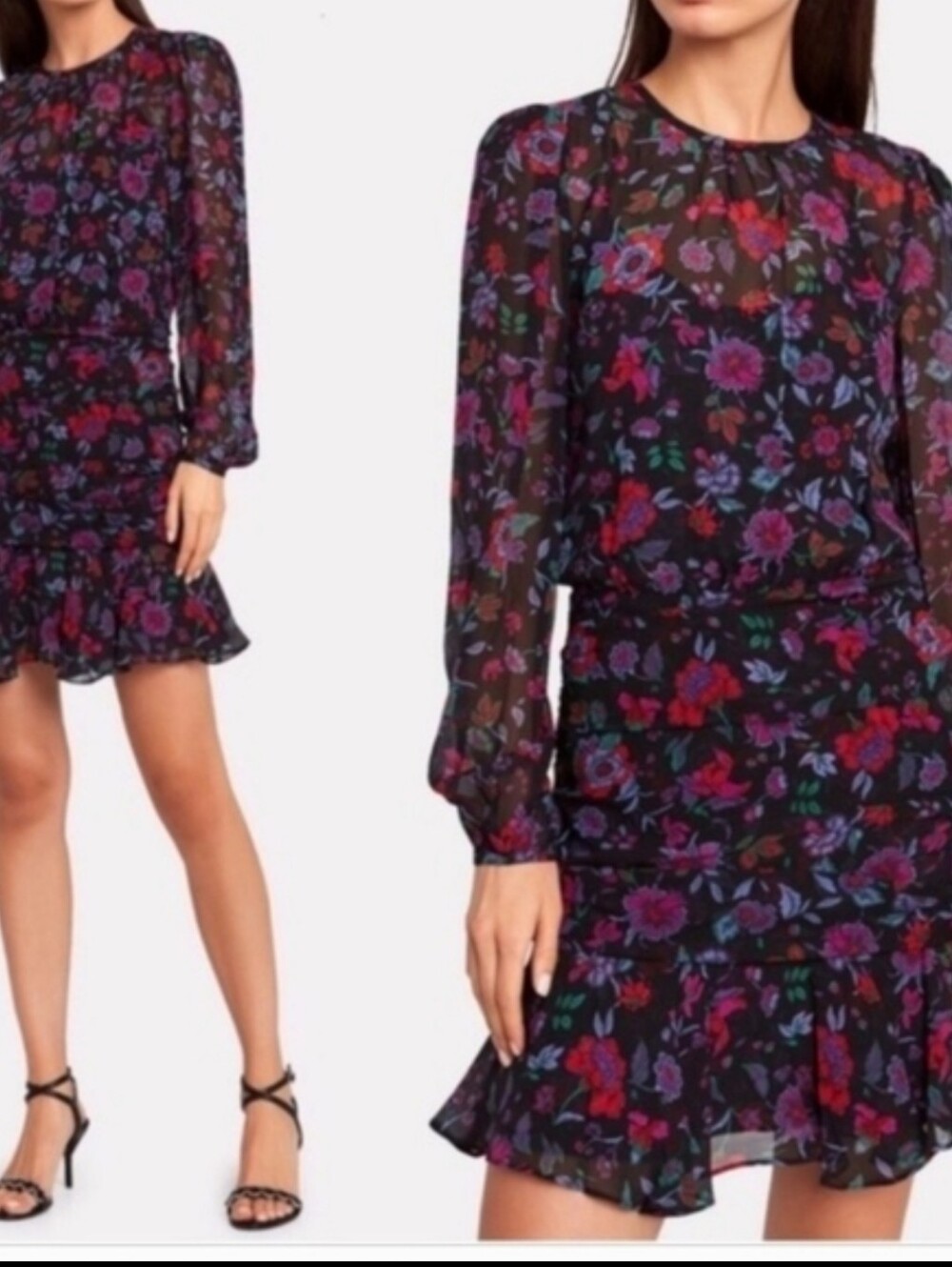 Veronica Beard Robin Silk Black Floral Long-Sleeve Ruffle Mini Dress